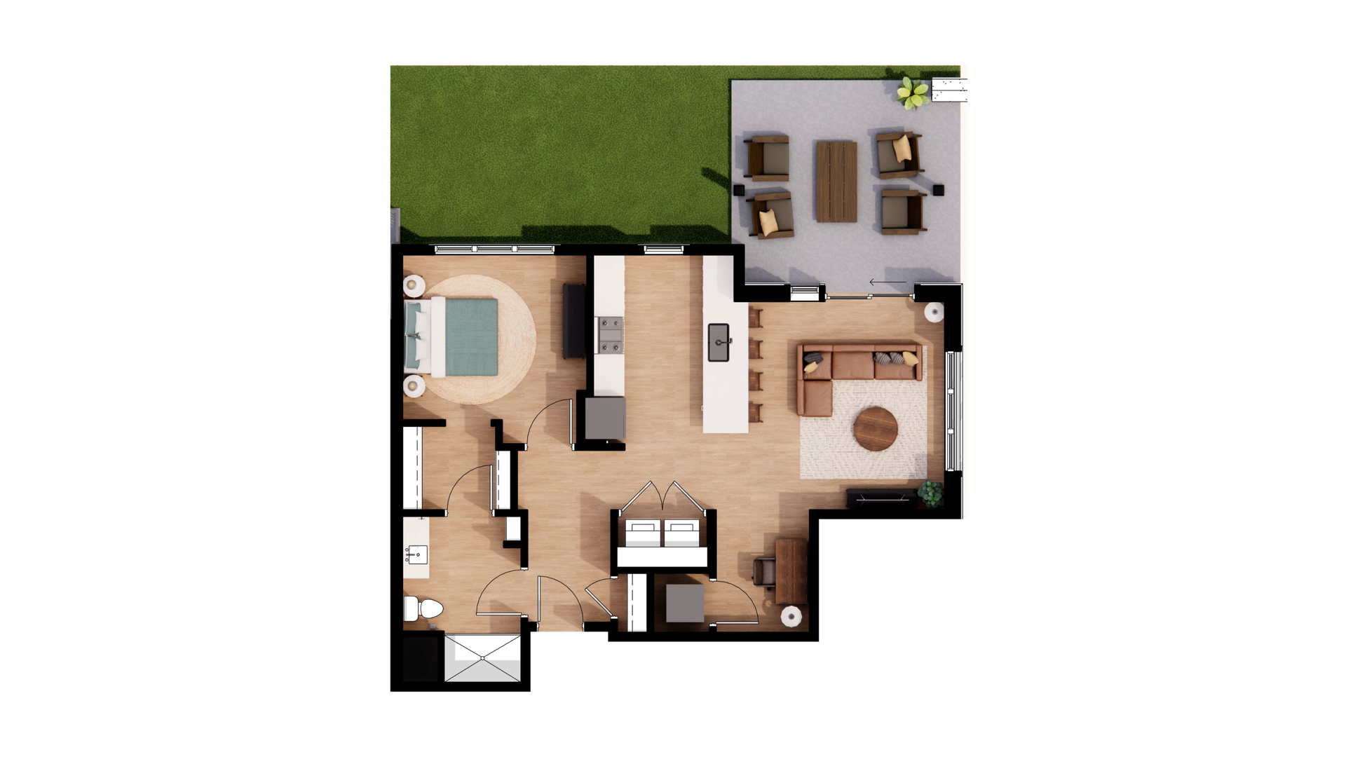Top-down floor plan of a small house with bedroom, bathroom, kitchen, and outdoor patio/lawn.