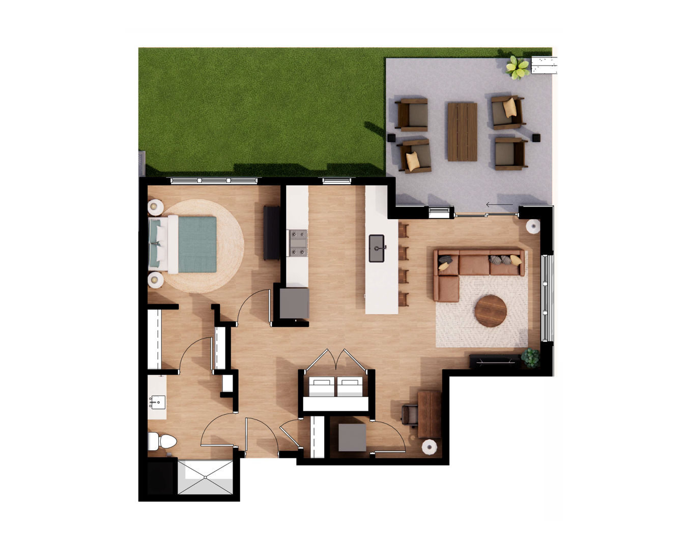 Top-down floor plan of a small house with bedroom, bathroom, kitchen, and outdoor patio/lawn.