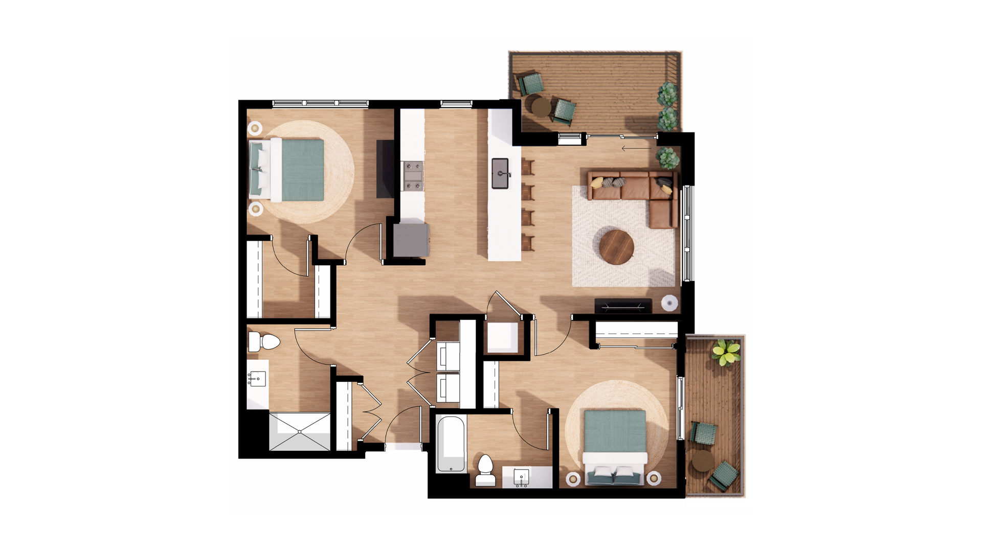 Top-down apartment floor plan with two bedrooms, two bathrooms, kitchen, and living area in beige tones