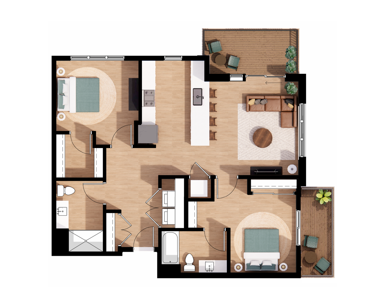Top-down apartment floor plan with two bedrooms, two bathrooms, kitchen, and living area in beige tones