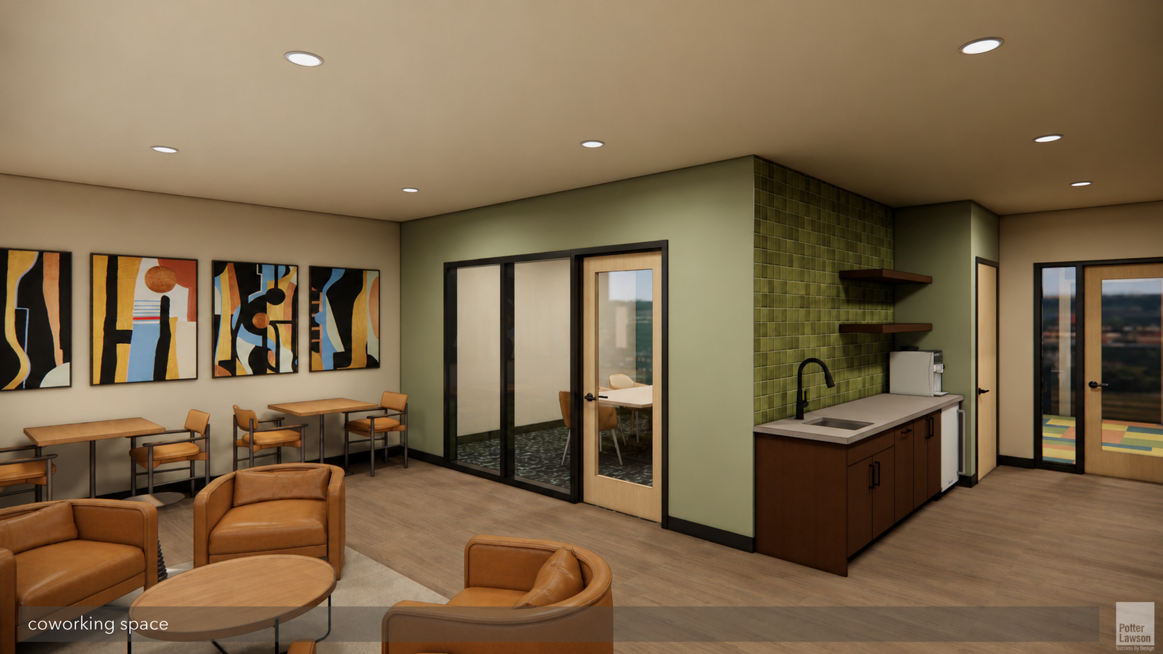 Modern office lobby with tan chairs, abstract wall art, and a reception desk in soft green tones