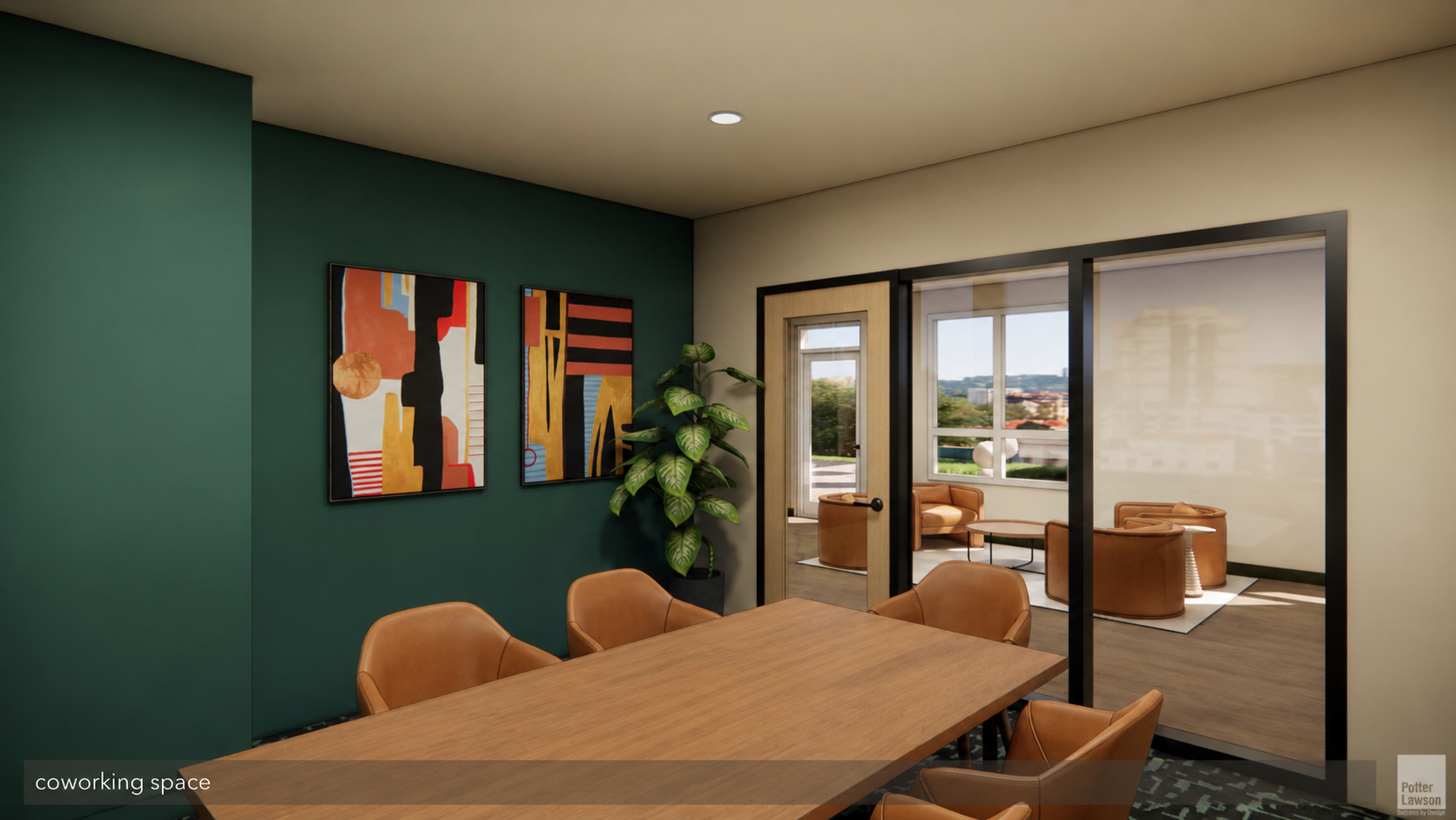 Modern conference room with wooden table, tan chairs, green walls, abstract art, and glass doors to a lounge area