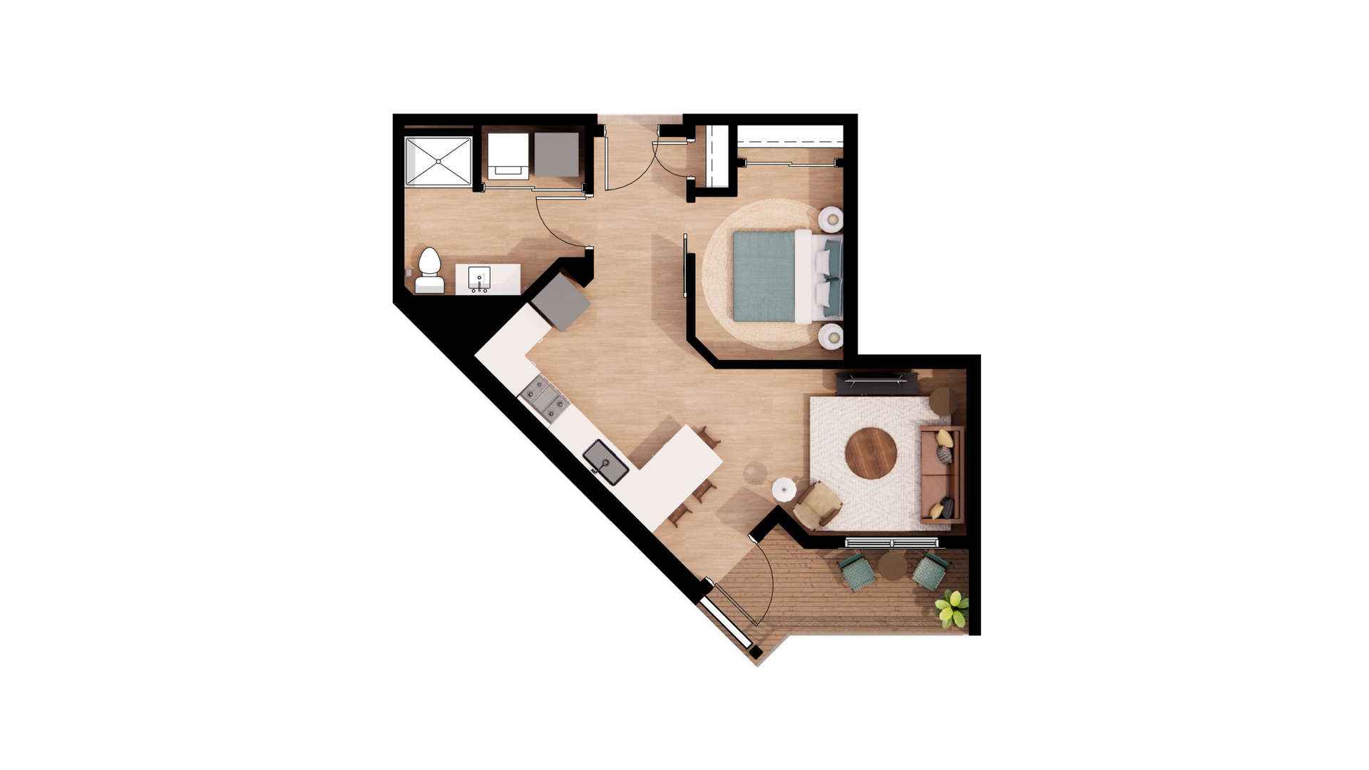 Compact apartment floor plan with bedroom, bathroom, kitchen, and living area in warm wood tones