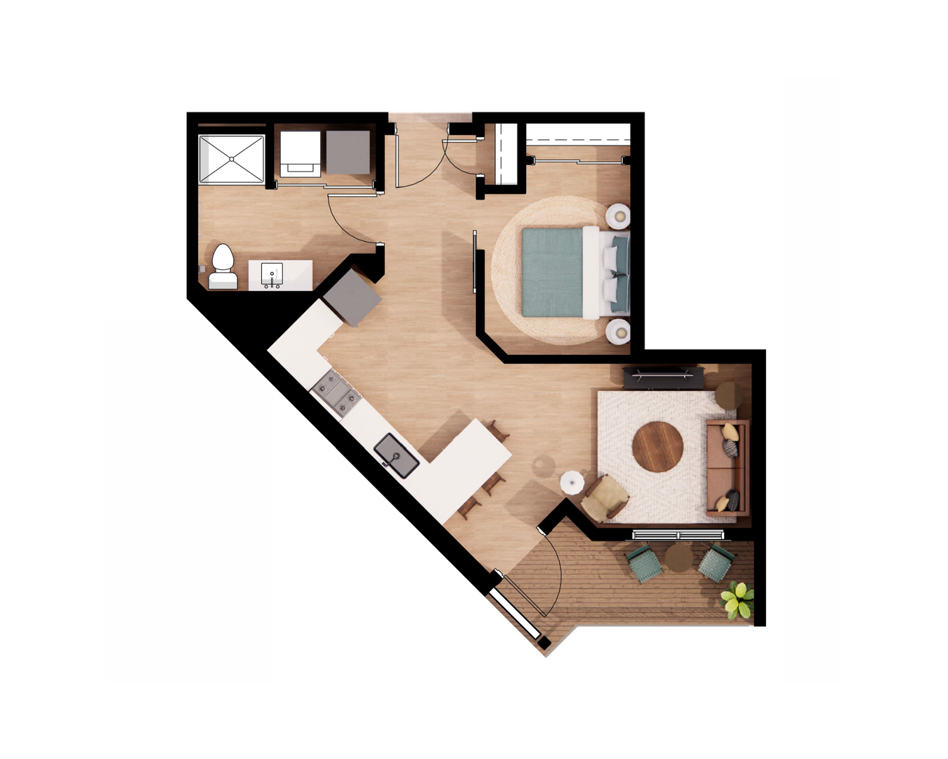 Compact apartment floor plan with bedroom, bathroom, kitchen, and living area in warm wood tones