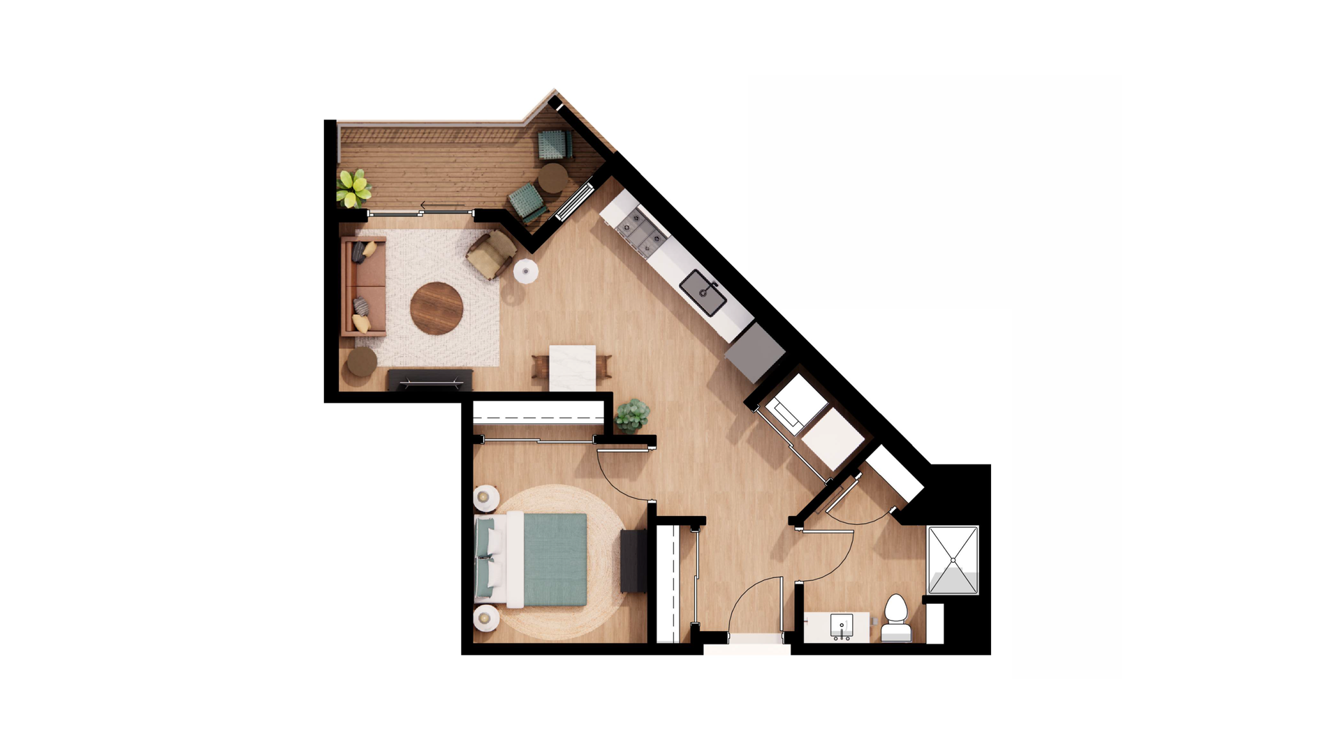 Top-down floor plan of a small apartment with bedroom, kitchen, bathroom, and living areas