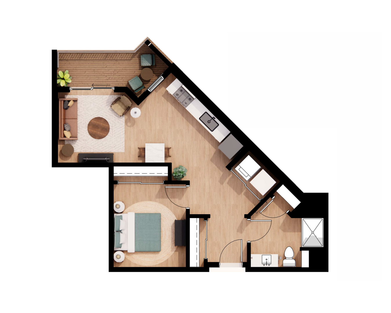 Top-down floor plan of a small apartment with bedroom, kitchen, bathroom, and living areas