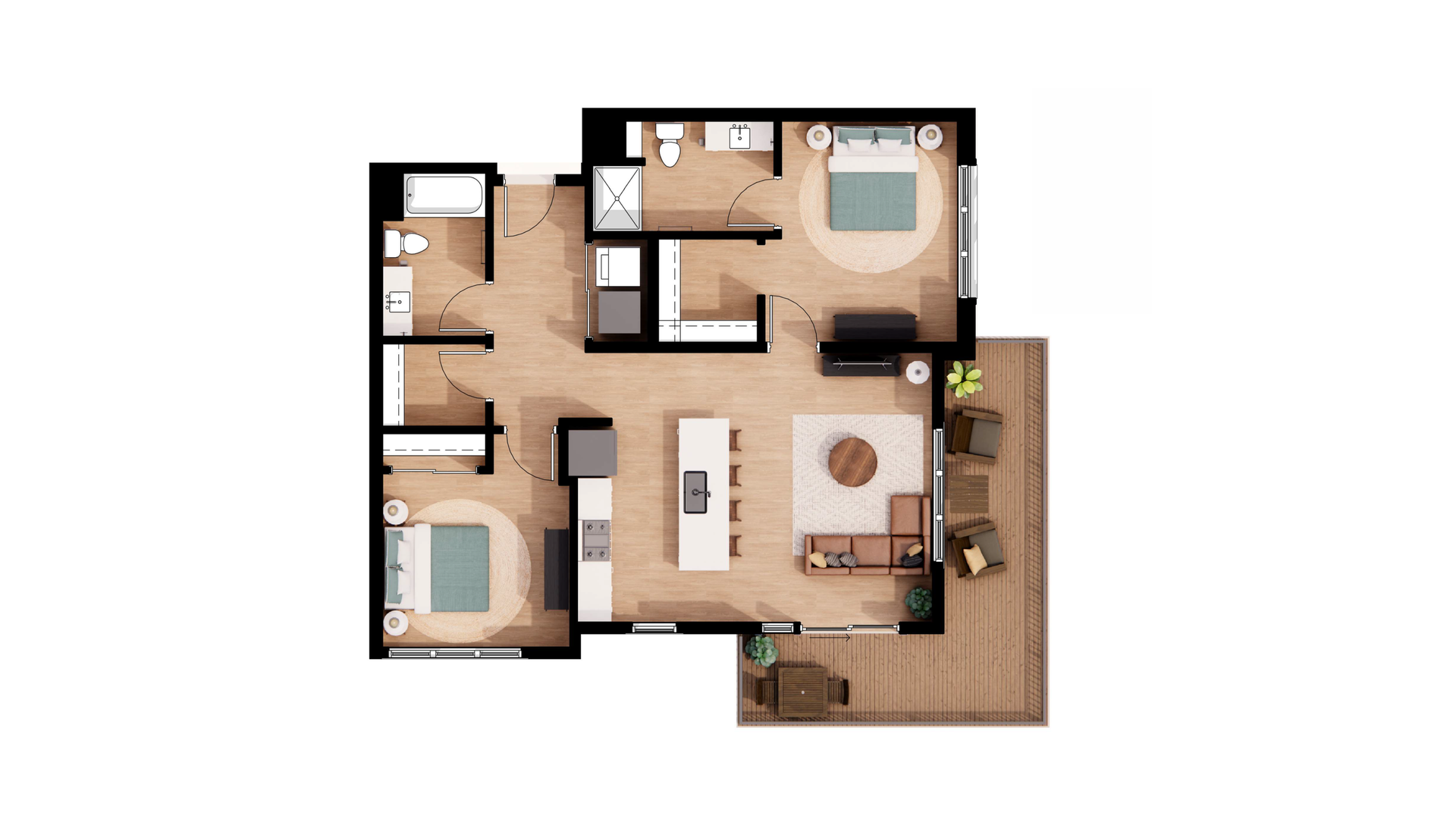 Top-down floor plan of a large apartment with 2 bedrooms, 2 bathrooms, kitchen, and huge balcony.