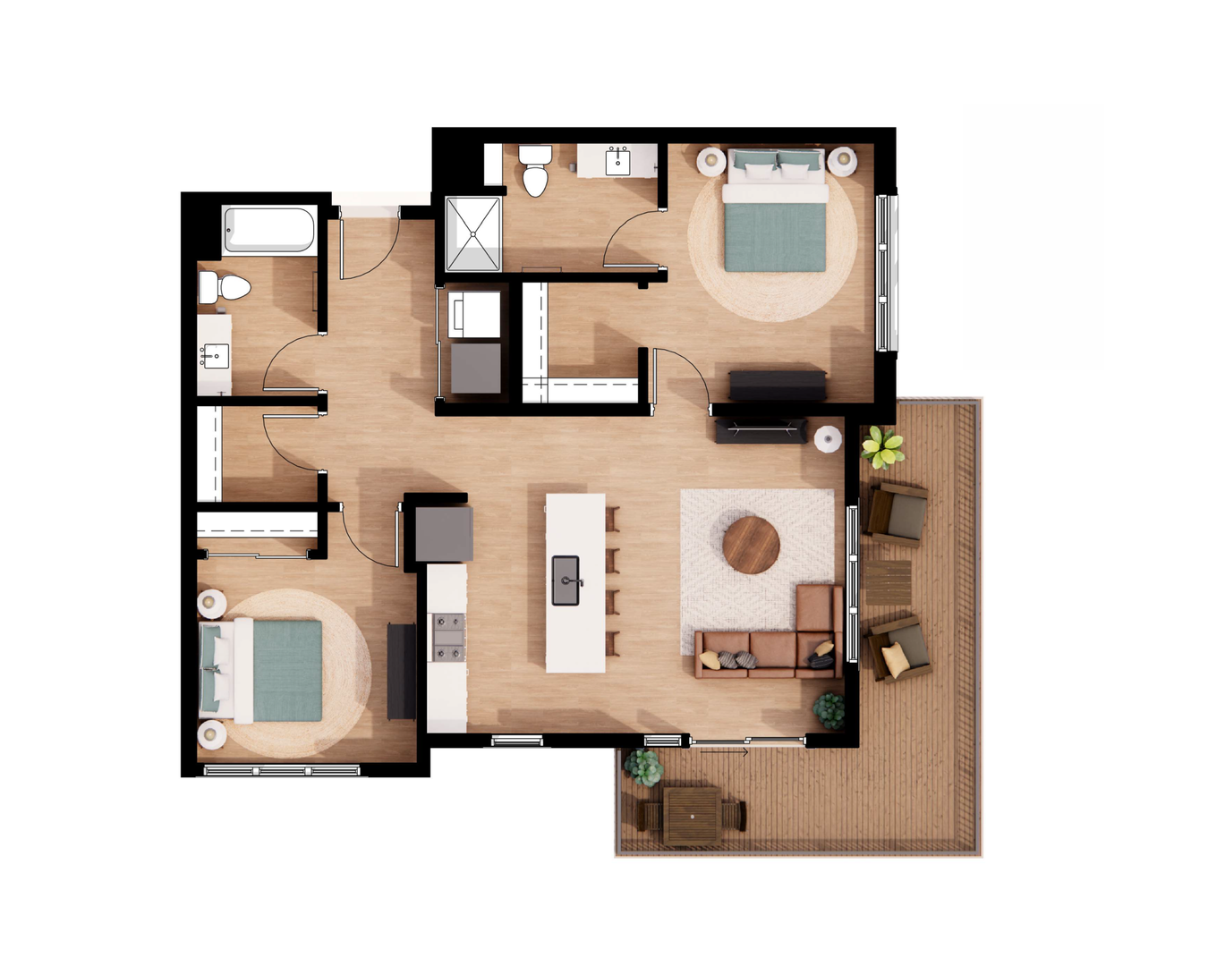 Top-down floor plan of a large apartment with 2 bedrooms, 2 bathrooms, kitchen, and huge balcony.