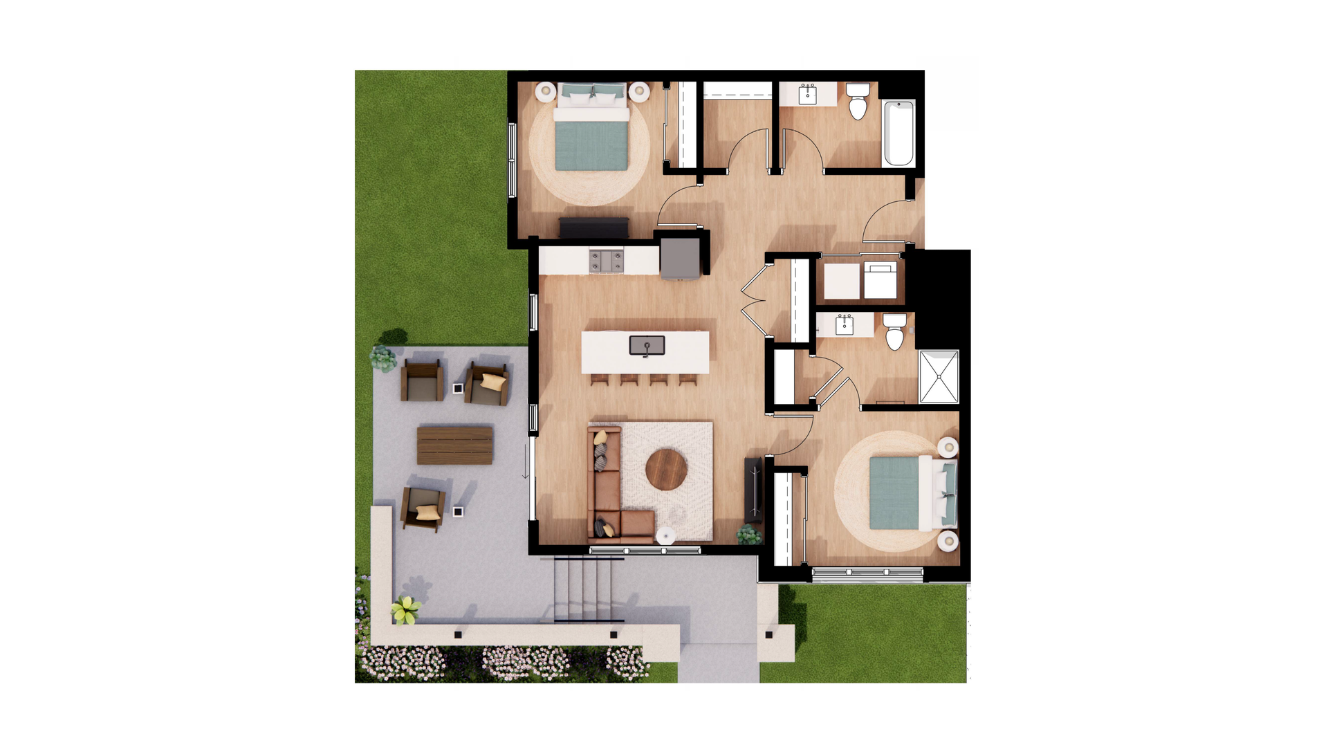 Top-down floor plan of a large apartment with 2 bedrooms, 2 bathrooms, kitchen, and huge patio.