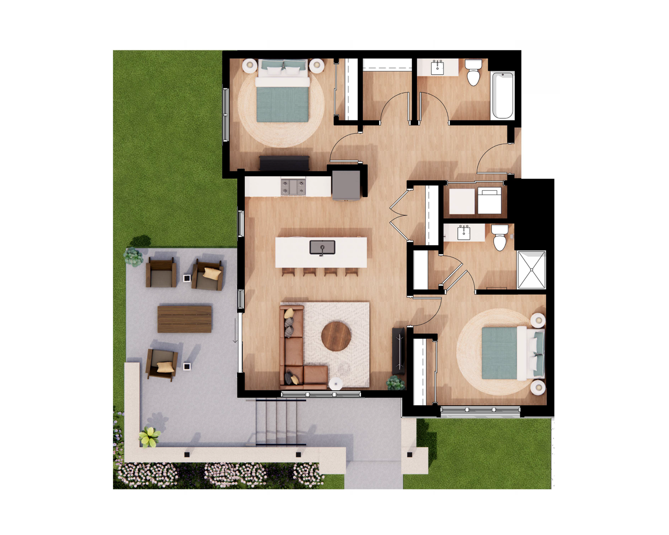 Top-down floor plan of a large apartment with 2 bedrooms, 2 bathrooms, kitchen, and huge patio.