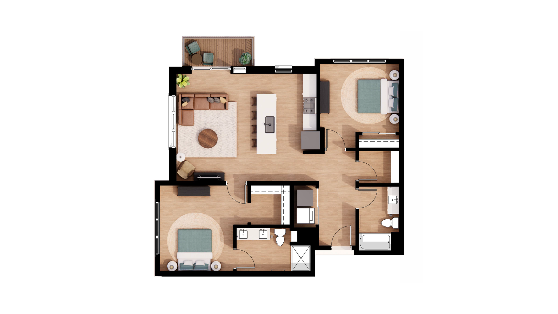 Top-down floor plan of a large apartment with beige rooms, two bedrooms, bath, kitchen, and living area.