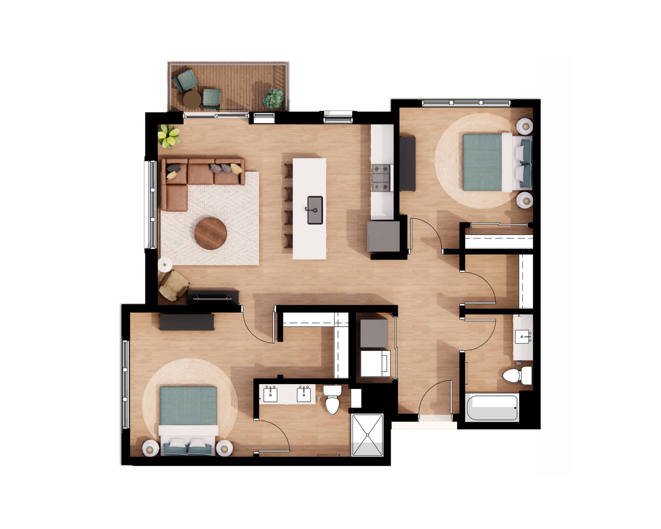 Top-down floor plan of a large apartment with beige rooms, two bedrooms, bath, kitchen, and living area.