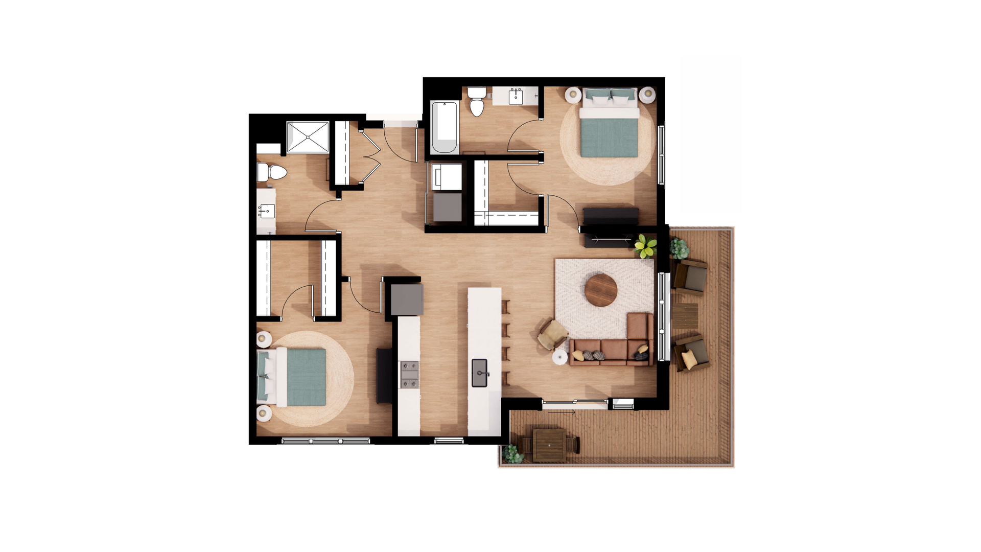 Top-down floor plan of a small apartment with bedroom, bathroom, kitchen, and living area in neutral tones
