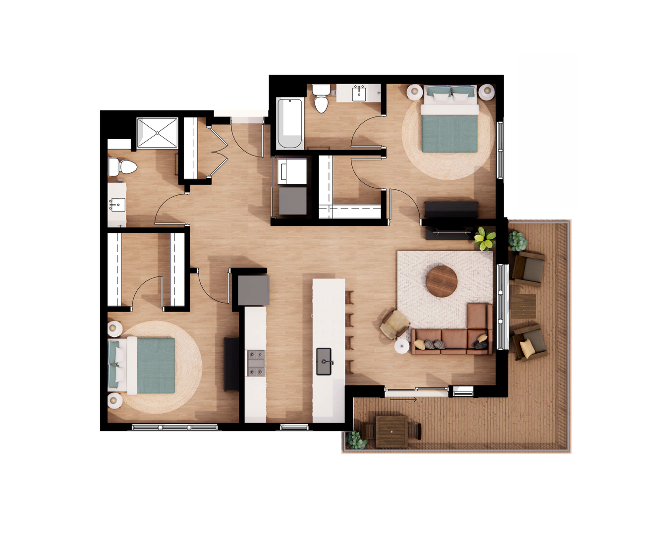 Top-down floor plan of a small apartment with bedroom, bathroom, kitchen, and living area in neutral tones