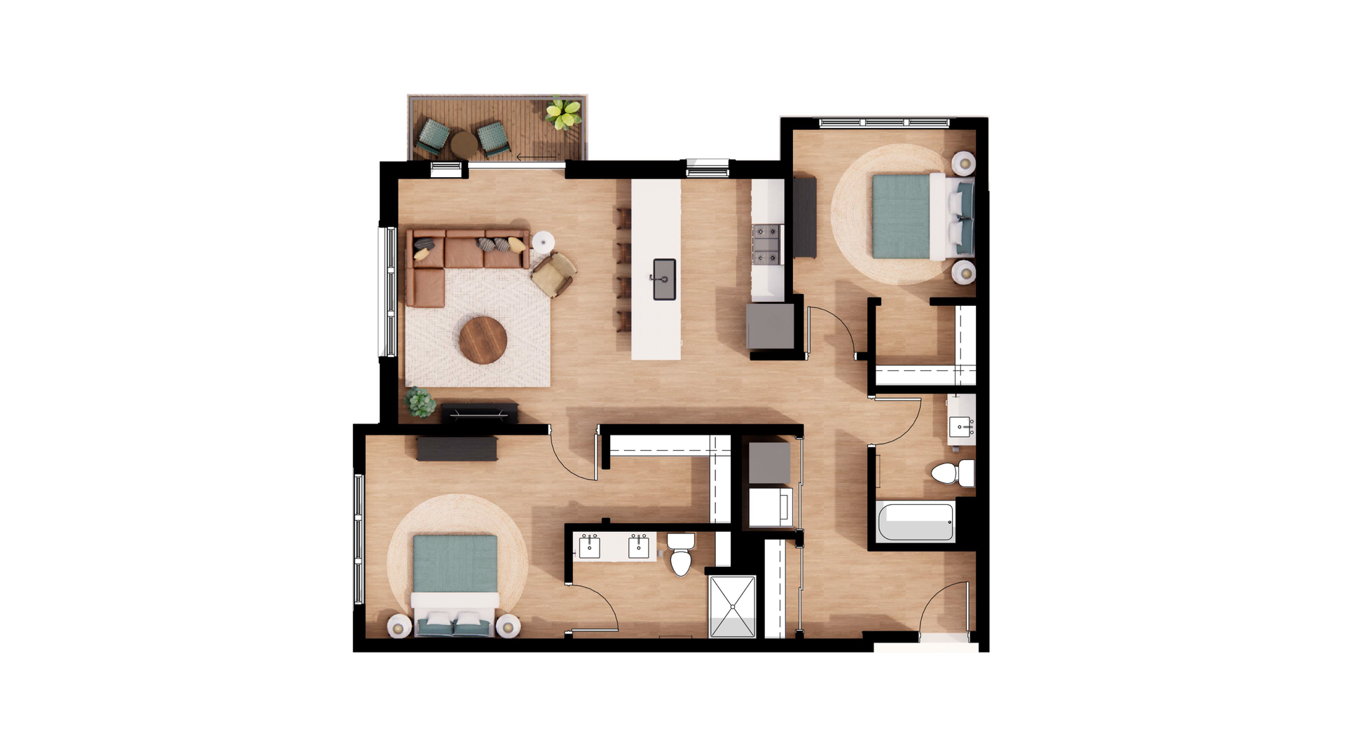 Top-down floor plan of a two-bedroom apartment with living room, kitchen, bathroom, and balcony.