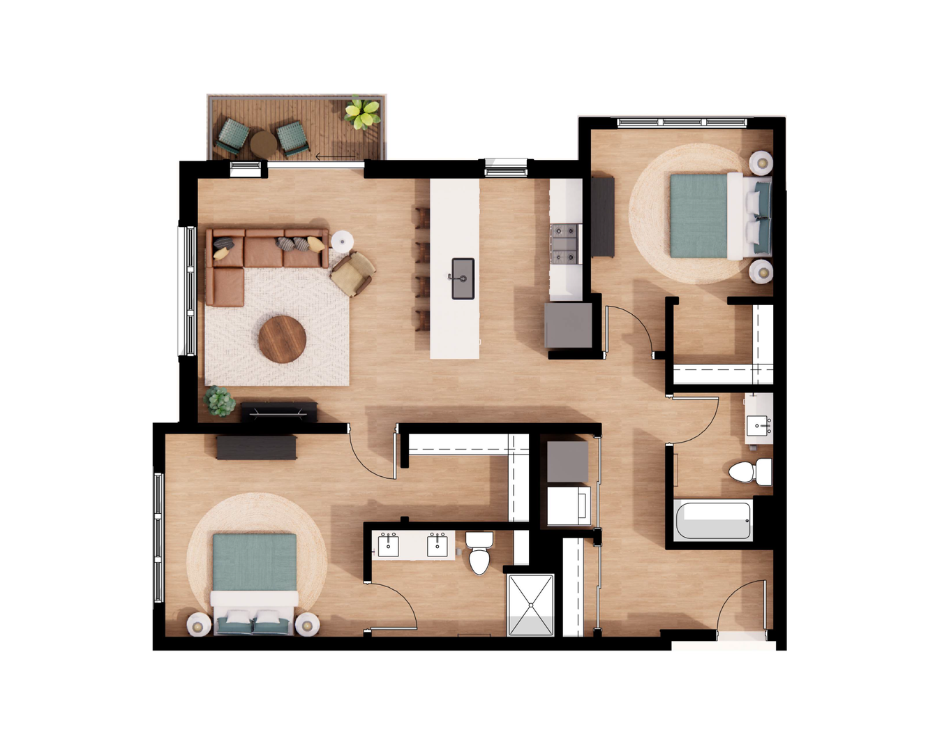 Top-down floor plan of a two-bedroom apartment with living room, kitchen, bathroom, and balcony.