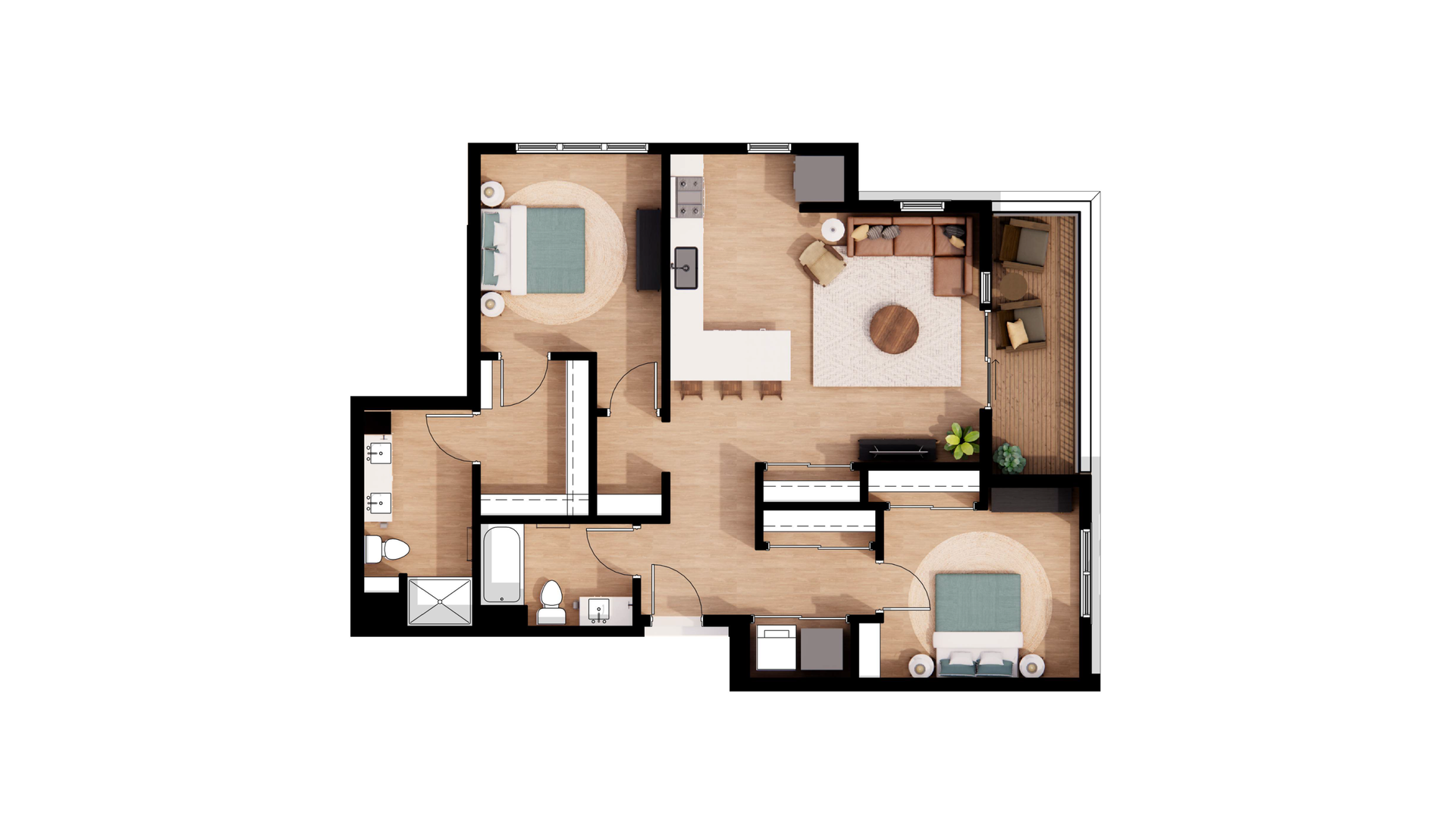 Top-down floor plan of a large apartment with two bedrooms, bathroom, kitchen, and living area.