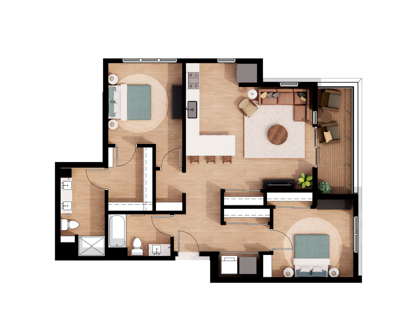 Top-down floor plan of a large apartment with two bedrooms, bathroom, kitchen, and living area.