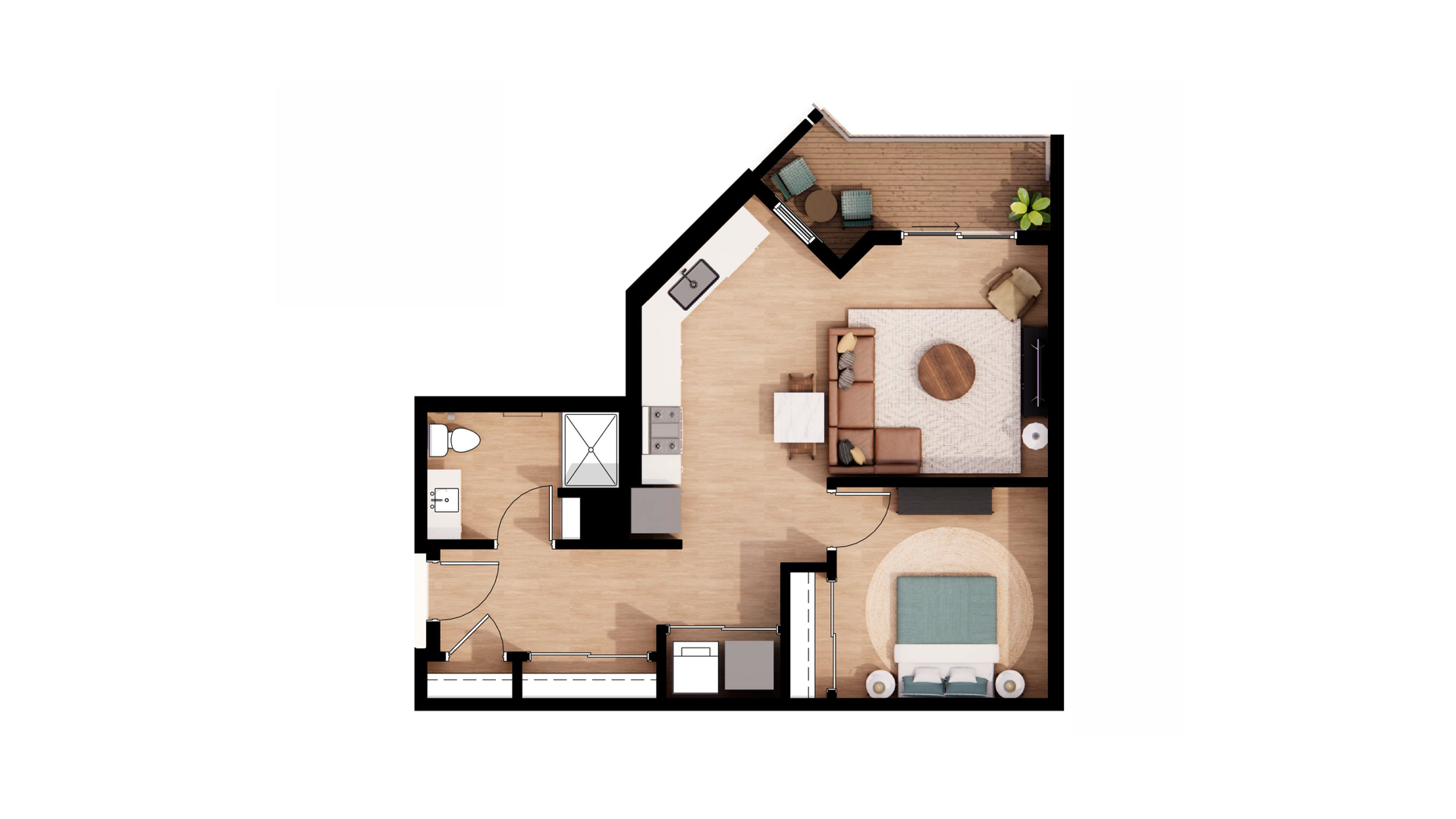 Top-down floor plan of a small apartment with kitchen, bath, living area, and bedroom.