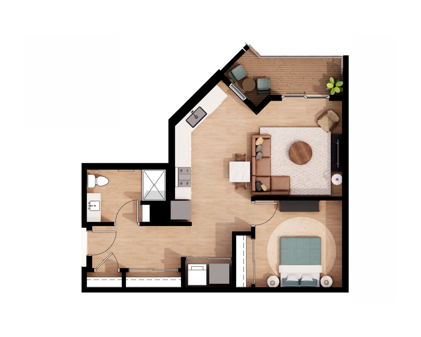 Top-down floor plan of a small apartment with kitchen, bath, living area, and bedroom.
