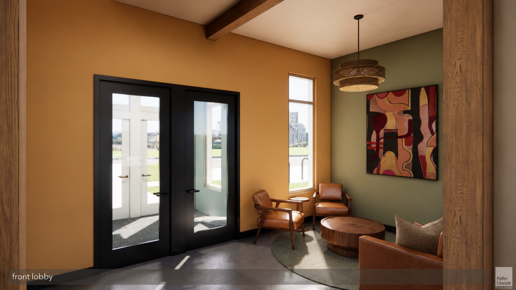 Modern living room with black double doors, large windows, and a wicker chair by colorful wall art