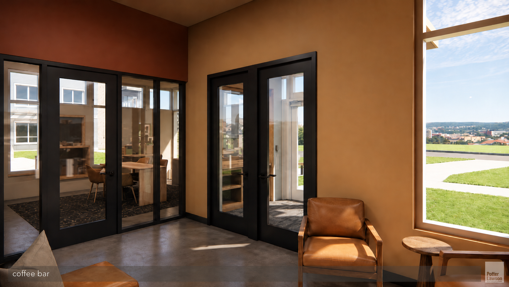 Modern lobby seating area with glass doors, tan walls, and a window view of the outside.