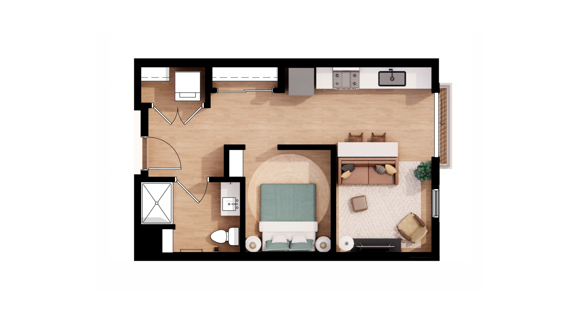 Top-down floor plan of a small apartment with bedroom, kitchen, bath, living area, and balcony in neutral tones