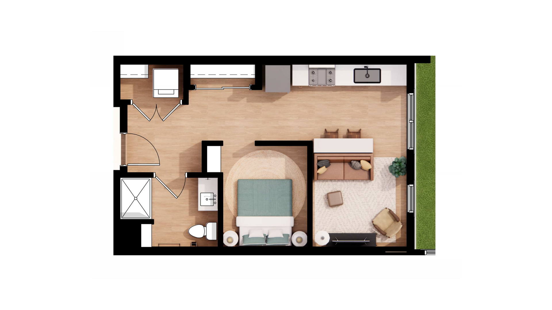 Top-down floor plan of a small apartment with bedroom, kitchen, bath, living area, and balcony in neutral tones