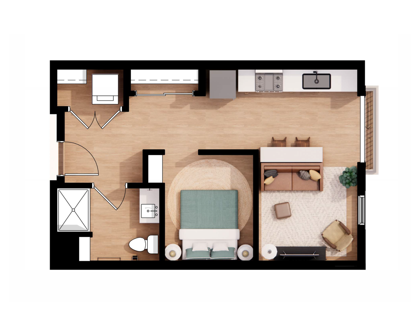 Top-down floor plan of a small apartment with bedroom, kitchen, bath, living area, and balcony in neutral tones