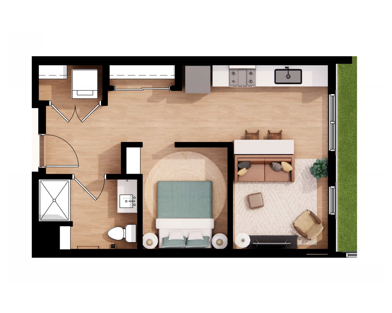 Top-down floor plan of a small apartment with bedroom, kitchen, bath, living area, and balcony in neutral tones