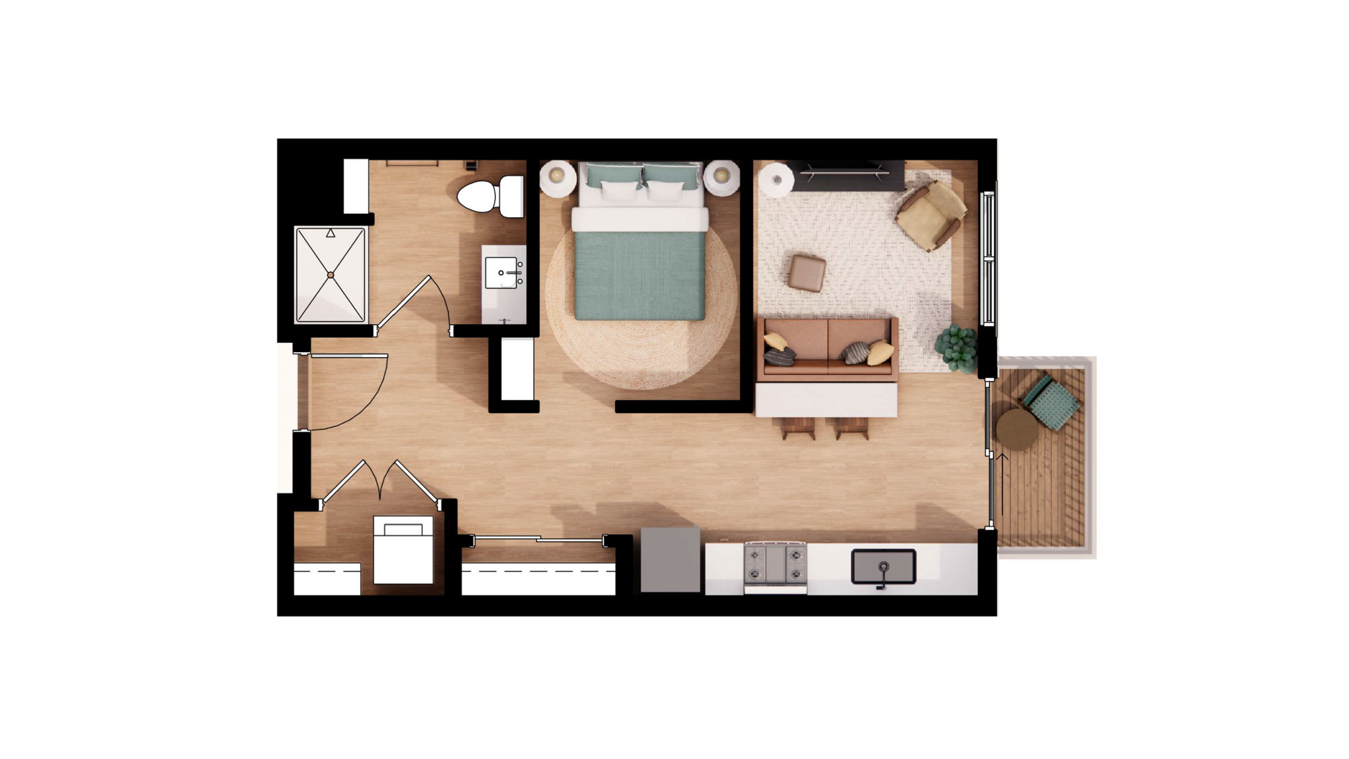 Top-down floor plan of a small apartment with bedroom, kitchen, bath, living area, and balcony in neutral tones