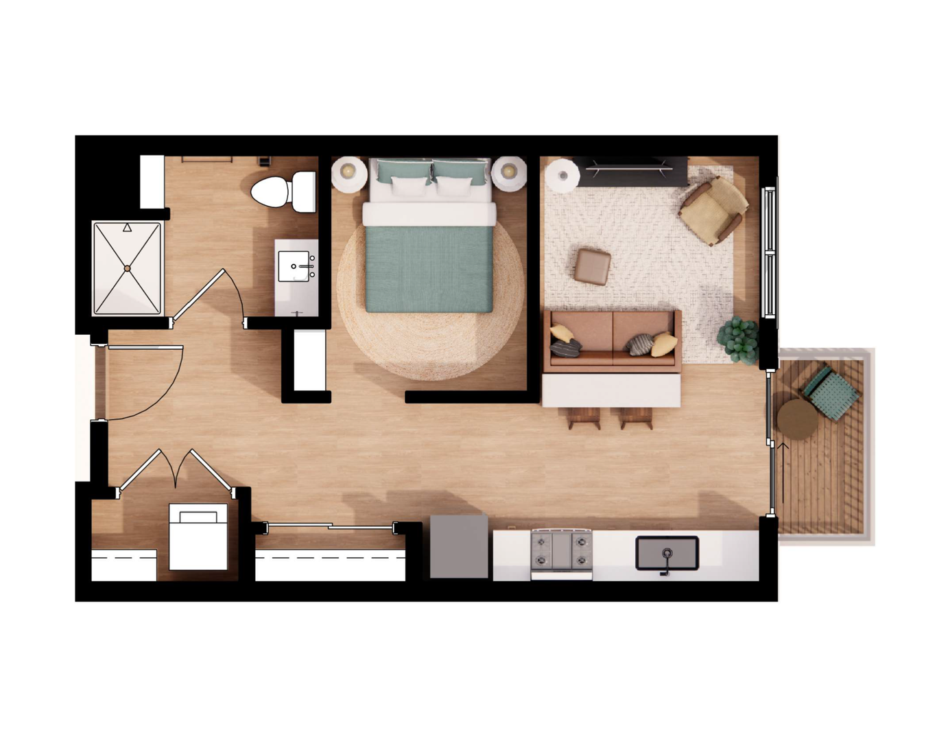 Top-down floor plan of a small apartment with bedroom, kitchen, bath, living area, and balcony in neutral tones