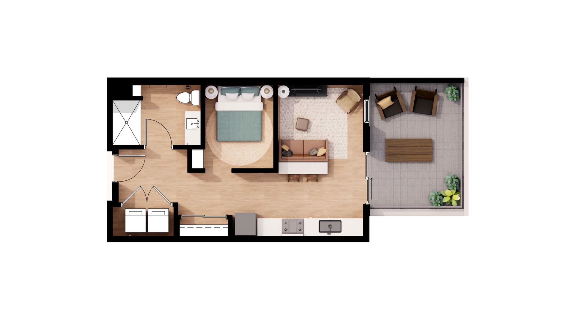 Top-down floor plan of a small apartment with bedroom, bathroom, kitchen, and living area.