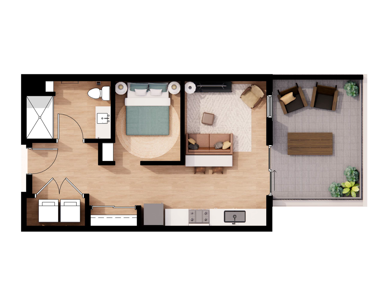 Top-down floor plan of a small apartment with bedroom, bathroom, kitchen, and living area.