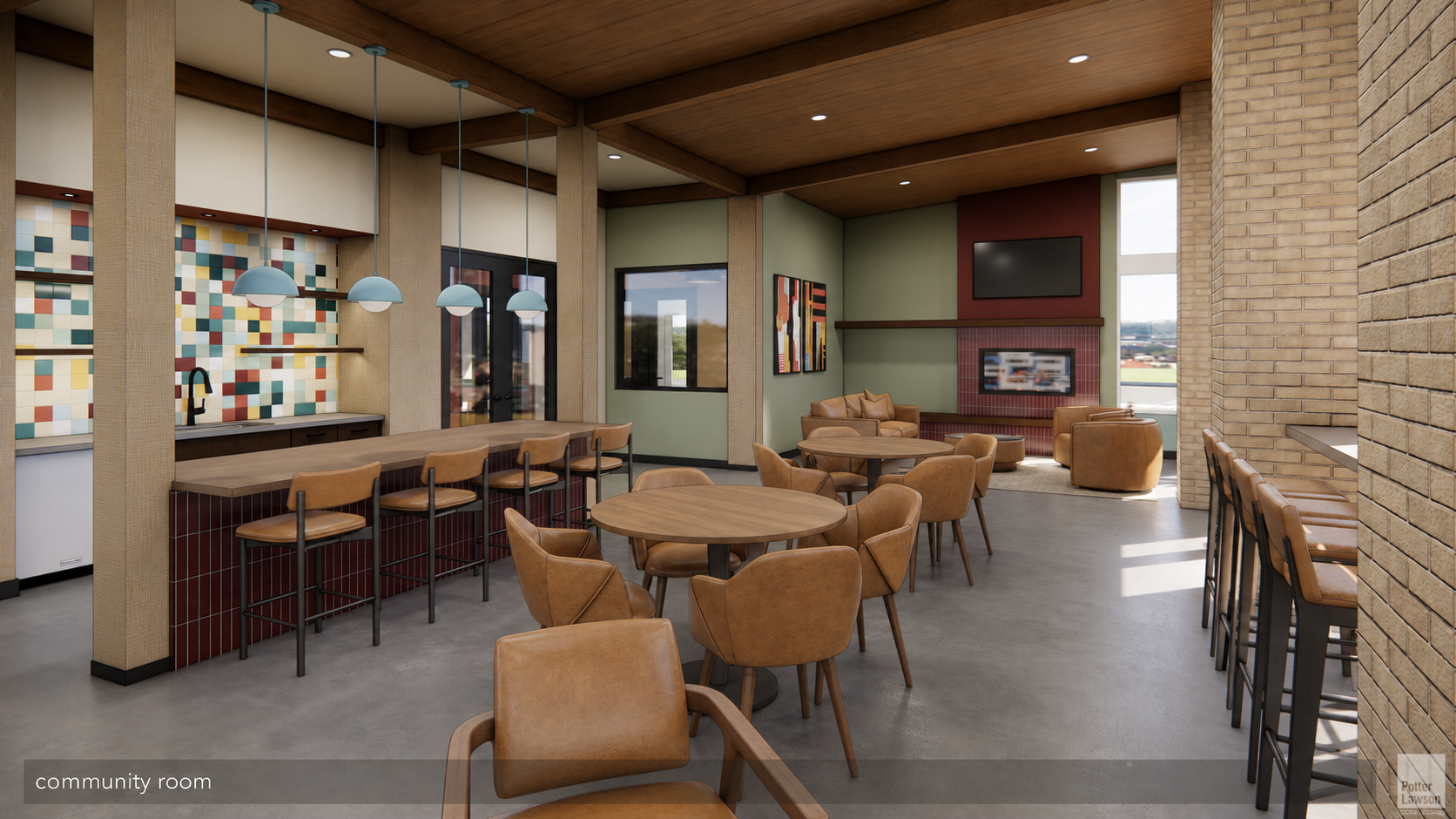 Modern lounge with tan chairs, tables, bar stools, and brick walls in a bright lobby area