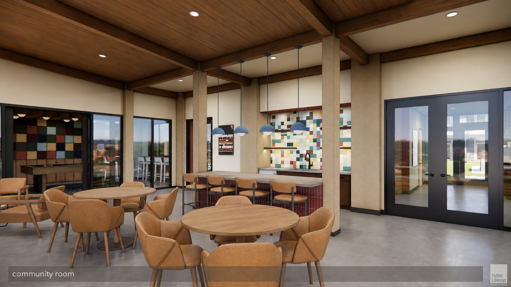 Modern lounge with wooden ceiling, round tables, chairs, colorful wall art, and glass doors.