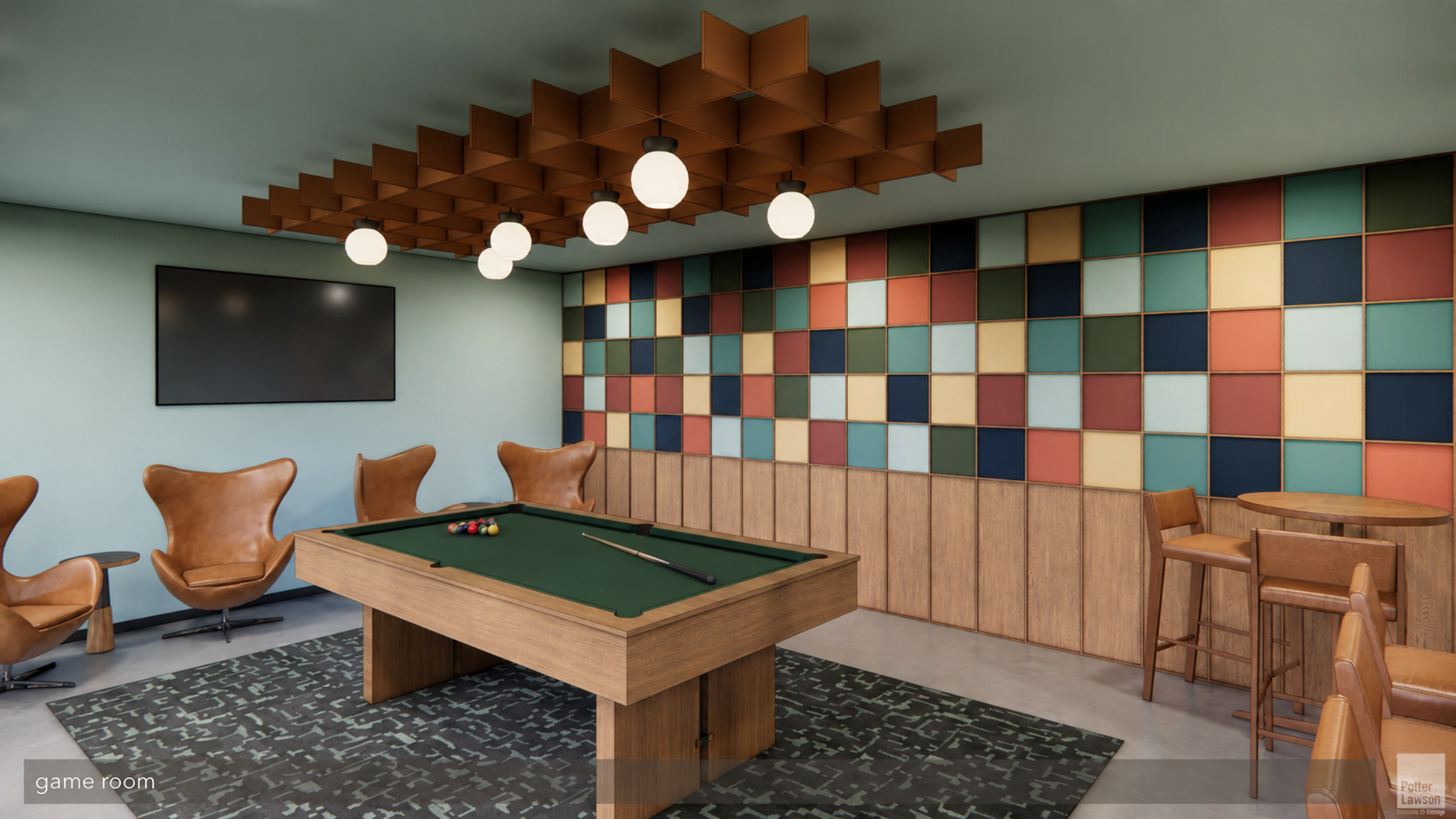 Modern lounge with pool table, orange chairs, colorful wall tiles, and hanging globe lights