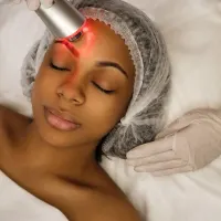 A woman is getting a laser treatment on her forehead.