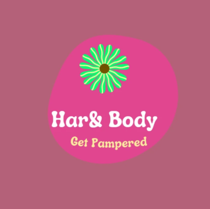 A logo for har & body get pampered with a green flower