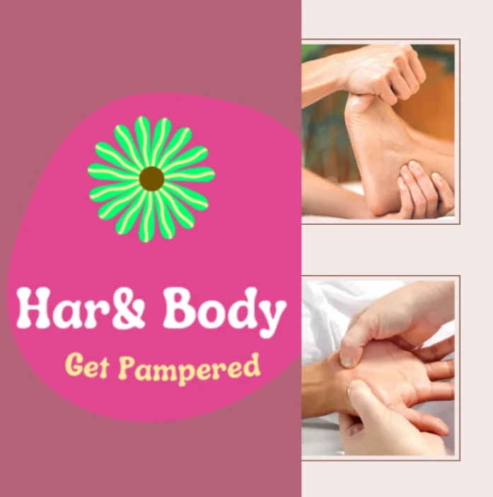 A pink sign that says har & body get pampered