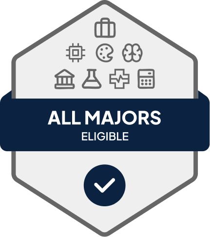 Badge with blue banner: 