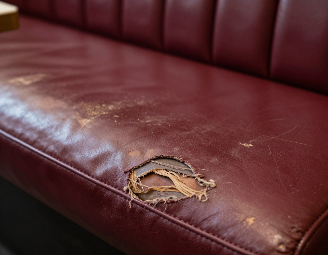Worn restaurant booth before restoration