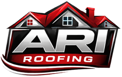 ARI Roofing logo featuring a stylized house with a red roof above bold metallic lettering on a dark red background.