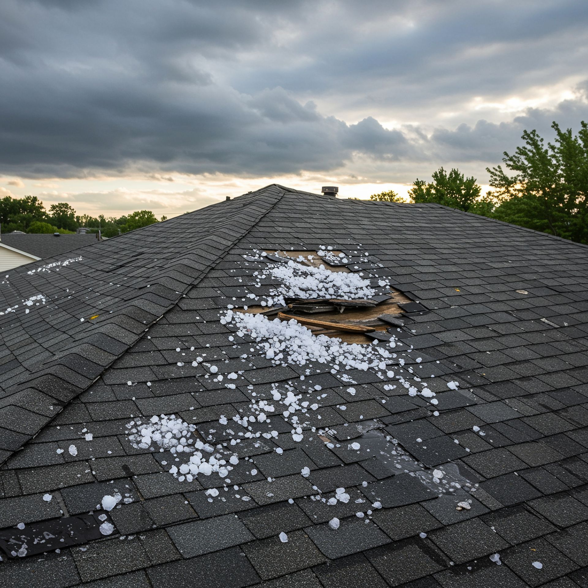 Hailstones scattered across a dark shingled roof with a section of damaged, exposed wood decking under a stormy sky.