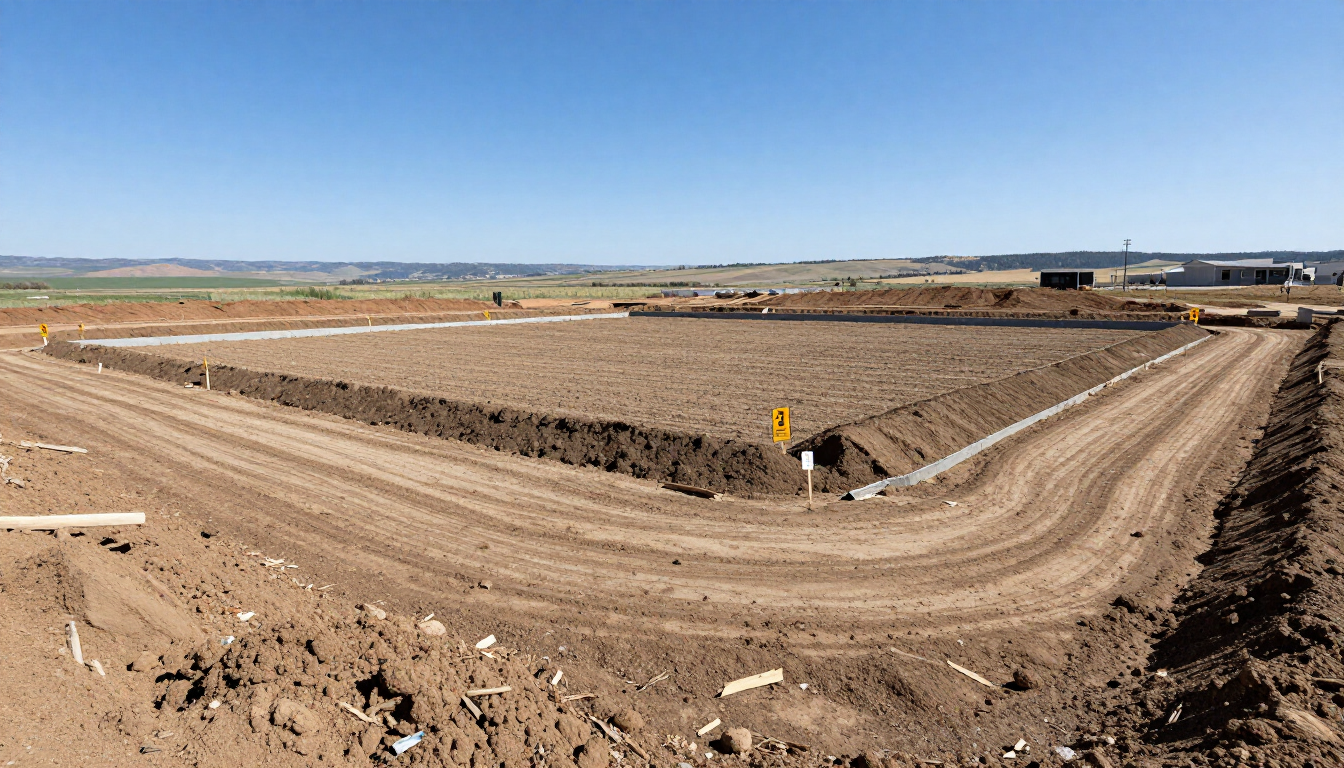 Wide dirt lot with a leveled earth foundation and curved dirt road under a clear sky