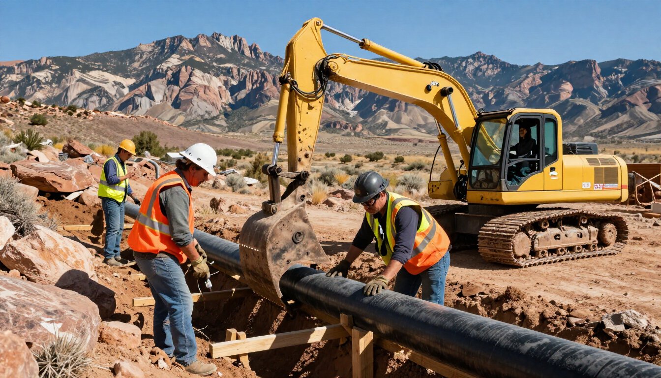 photorealistic professional excavation crew installing underground utility lines in a scenic western colorado landscape mountains in background high quality detail