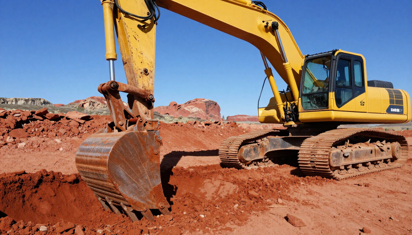 photorealistic close up of excavator digging a precise utility trench red+dirt western colorado clear blue sky high detail