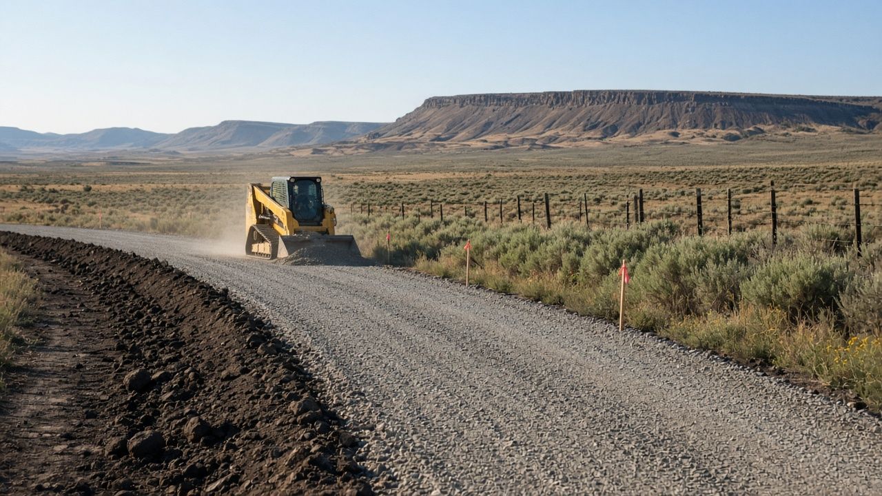 Compact track loader spreading road base on a new gravel driveway on a rural Western Colorado lot