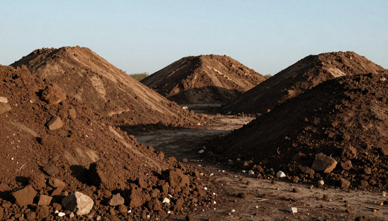 Three mounds of brown dirt or gravel in an outdoor construction or excavation site.