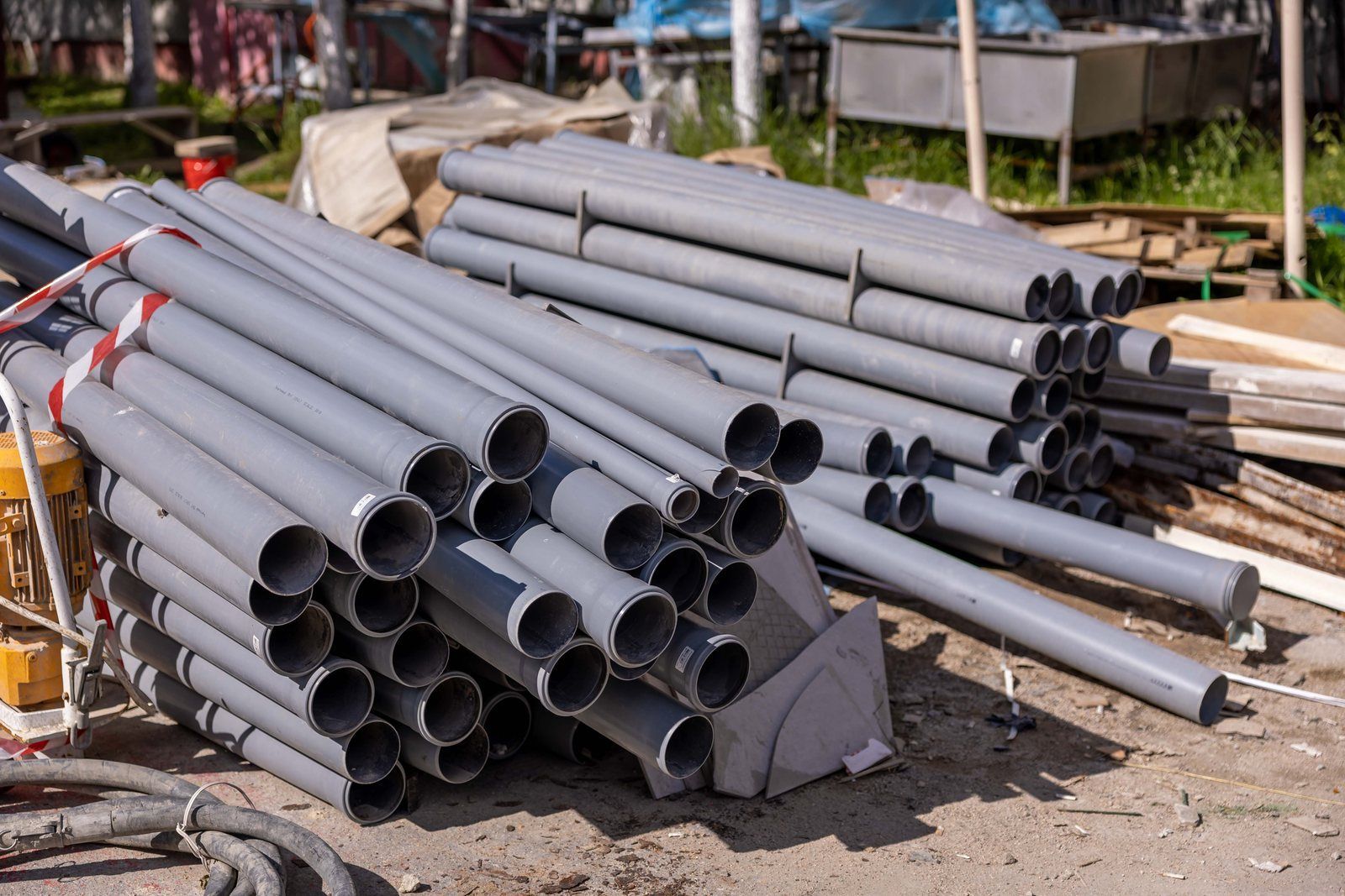 Stacked gray PVC sewer pipe sections with bell ends on a construction site